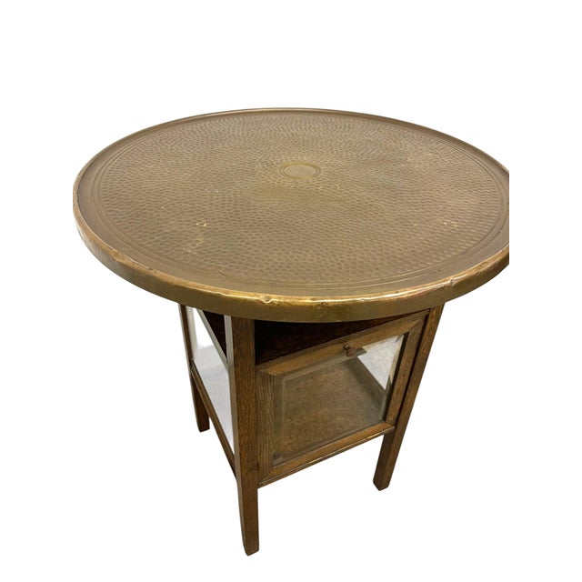 Vintage Arts & Crafts Side Table With Hammered Brass Tray Top and Glass Display Cabinet For Sale - Image 11 of 11