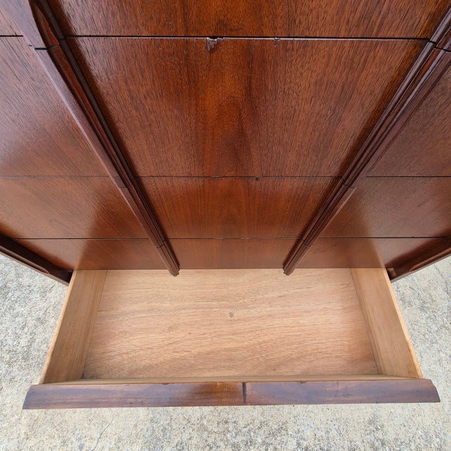 Mid 20th Century Modern Sculpted Walnut 5-Drawer Highboy Tall Boy Dresser Chest of Drawers For Sale In Washington DC - Image 6 of 11