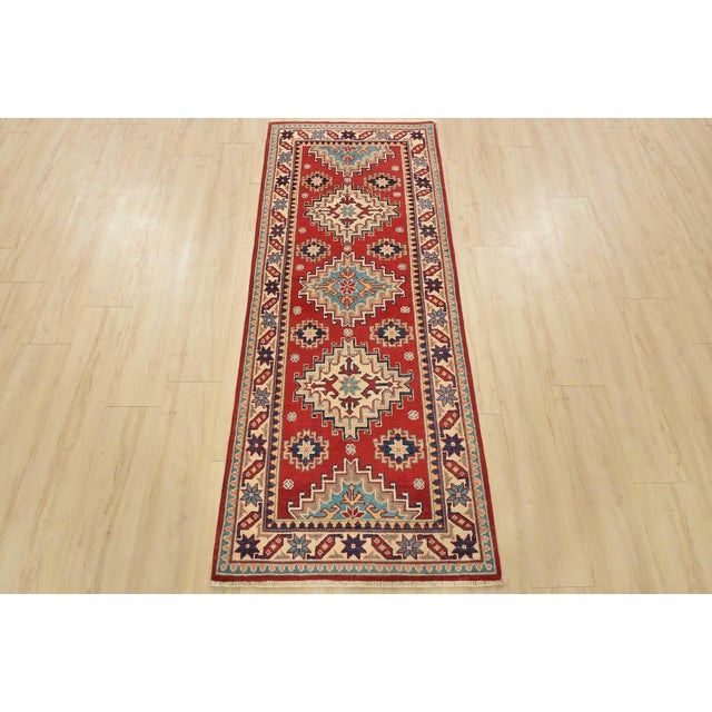 Farmhouse Kazak Runner 2’7” X 6’5” Red Wool Tribal Hand-Knotted Oriental Rug For Sale - Image 3 of 12