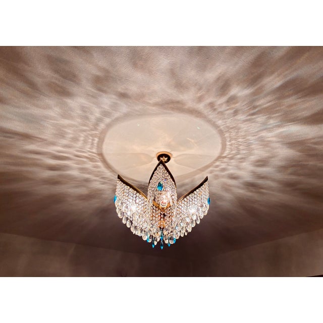 1960s Mid-Century Modern Crystal Chandelier With Aqua Blue Drops - Solid Brass Leaf Design Lighting - Rewired & Working⁠ For Sale - Image 11 of 18