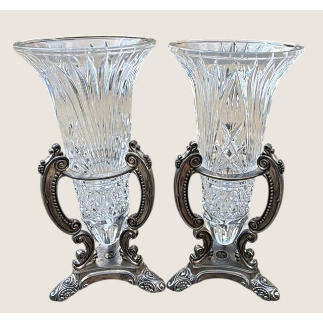 Metal Vintage Godinger Cut Crystal Urn Vases Silverplate Ornate Stands Pair 11" For Sale - Image 7 of 10
