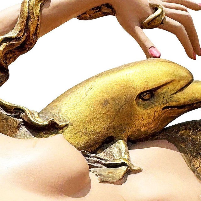 Mid-Century Sculptural Gold Nude Mermaid & Dolphin Coffee Table W/ Glass Top For Sale - Image 10 of 11