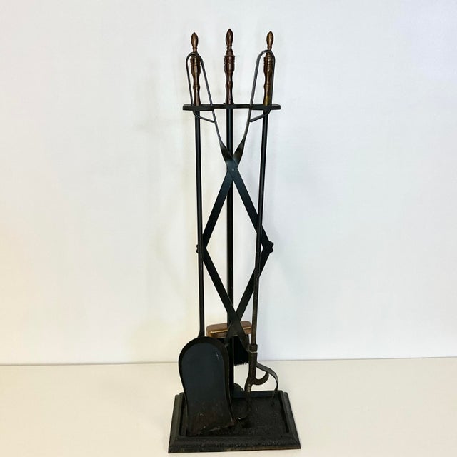 1970s 1970s Mid-Century Wrought Iron With Bronze Handle Fireplace Tools & Rack - 5 PCS Set For Sale - Image 5 of 14