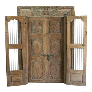 Antique Northern India Hand Carved Double Doors With Jamb For Sale