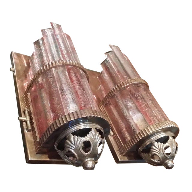 Vintage Art Deco Skyscraper Metro Light Wall Sconces in Copper Red Cameo Glass - a Pair For Sale