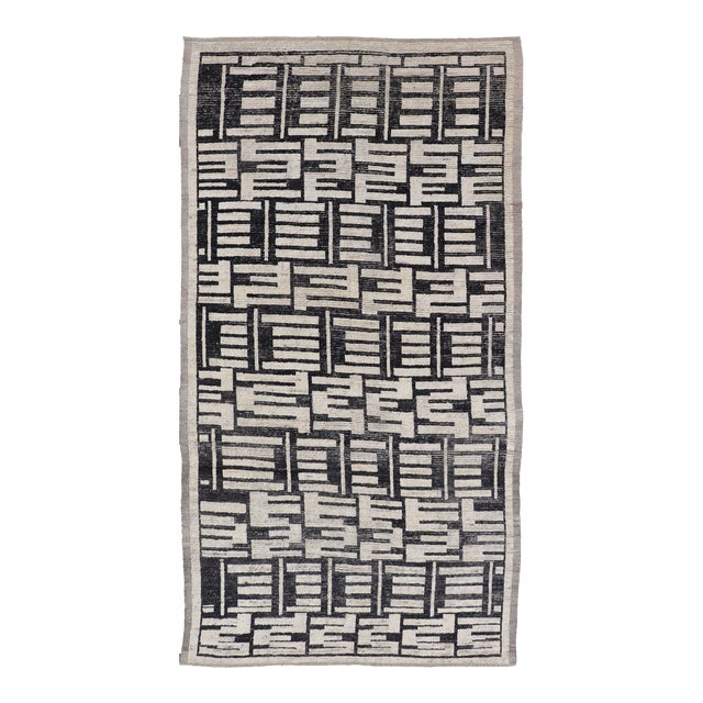 Sub-Geometric Afghan Abstract All-Over Modern Design in Ebony and Ivory 6'7 X 13'0 For Sale