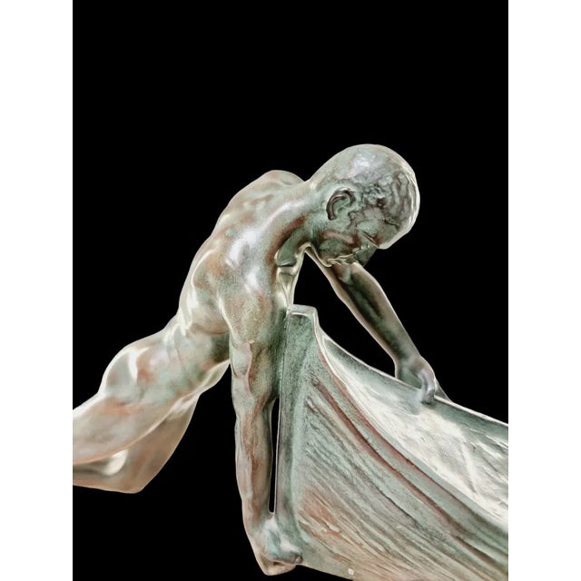 Max Le Verrier, Art Deco Nude Male Figure Pushing a Boat, 1930s, Metal For Sale - Image 4 of 8
