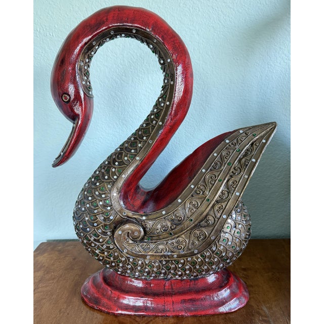 Red Three Large Asian Wood Carved Duck Statues With Mirror Inlay For Sale - Image 8 of 17