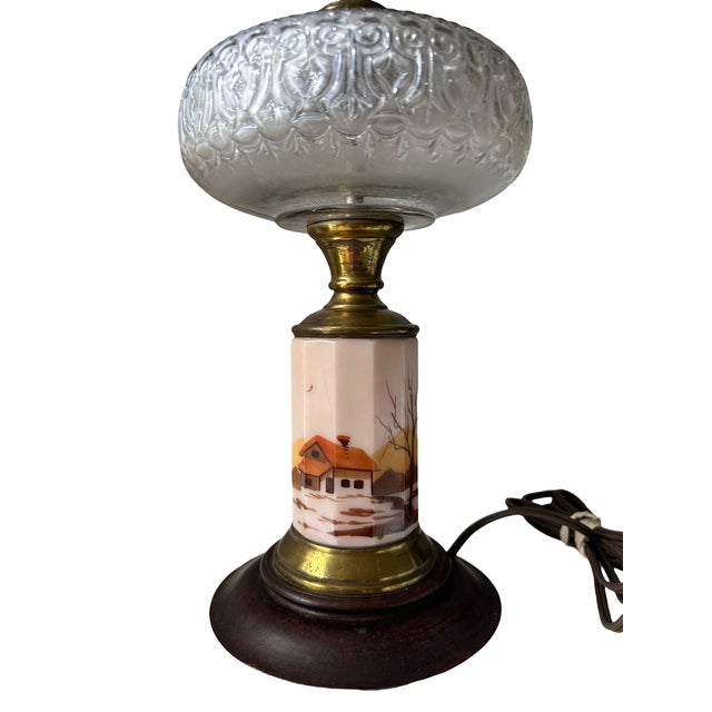 Victorian Antique Victorian Hand Painted Custard Glass Eapg Electrified Oil Lamp For Sale - Image 3 of 5