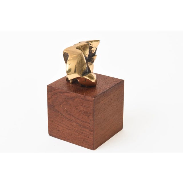 Wood Vintage Signed Initialed Brass Bronze and Wood Small Abstract Sculpture For Sale - Image 7 of 9