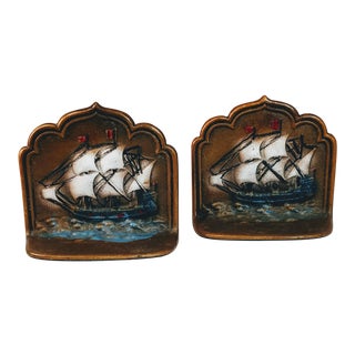 Vintage Cast Iron Ship Bookends Painted - A Pair For Sale
