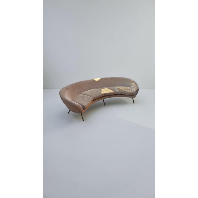 1950s Large Curved Fabric Sofa with Brass Legs, Italy, 1950s For Sale - Image 5 of 10