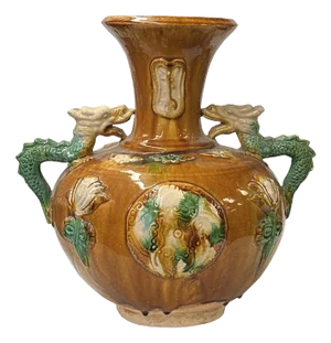 Oriental Tri-Color Glaze Dragon Handle Pottery Ceramic Art Vase
