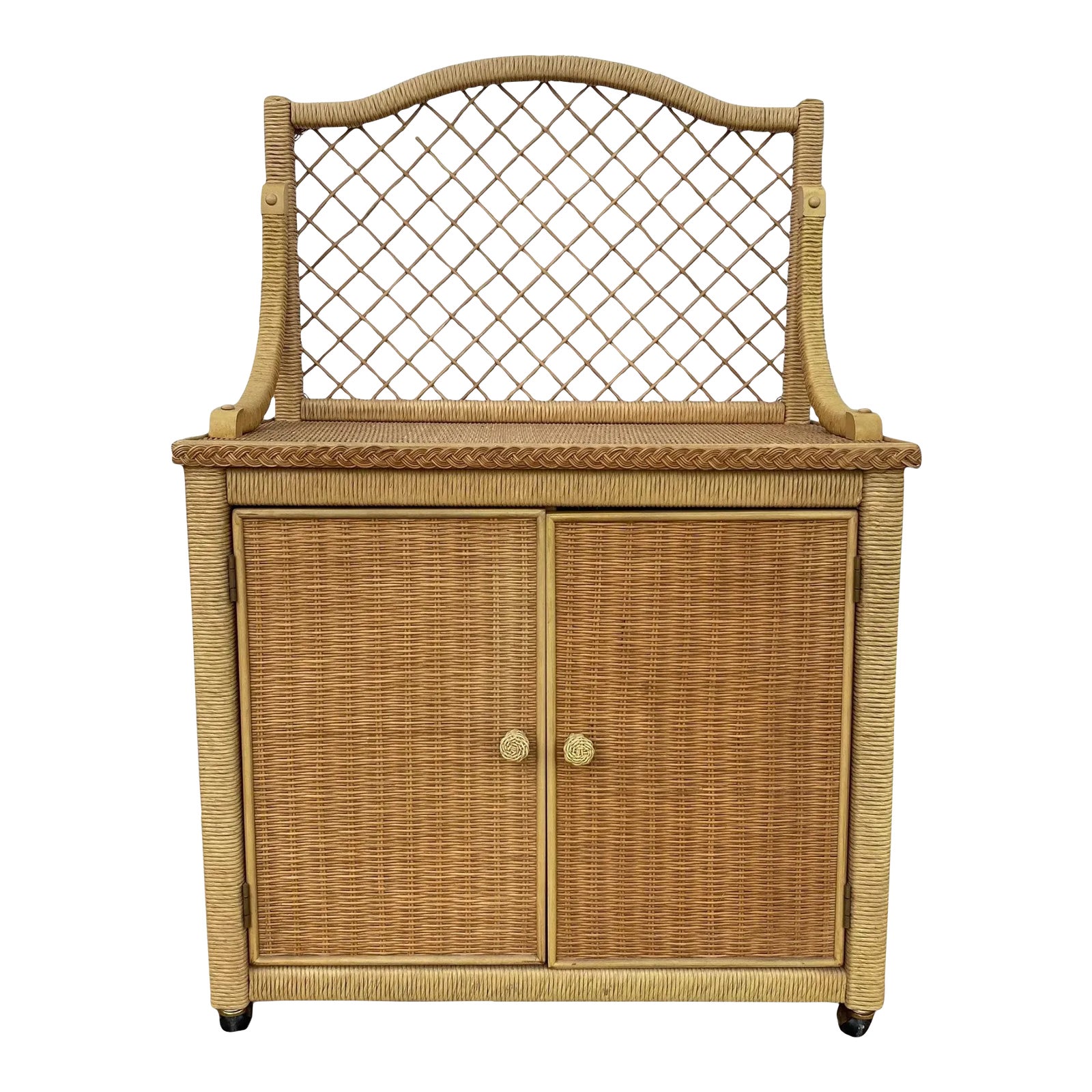 Vintage Henry Link Wicker Server Cabinet with Woven Rattan & Casters ...