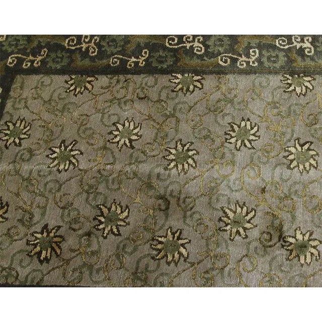 Olive Handwoven Wool and Silk Tibetan Style Runner Rug 3'0"×14'0" For Sale - Image 8 of 11