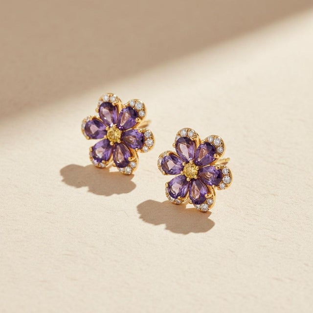 Flower Earrings Studs With Amethyst and Citrines, Silver, Gold, Pair For Sale - Image 6 of 7