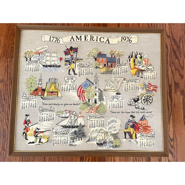 Vintage Bicentennial Embroidered Crewel Calendar Framed Art | Chairish