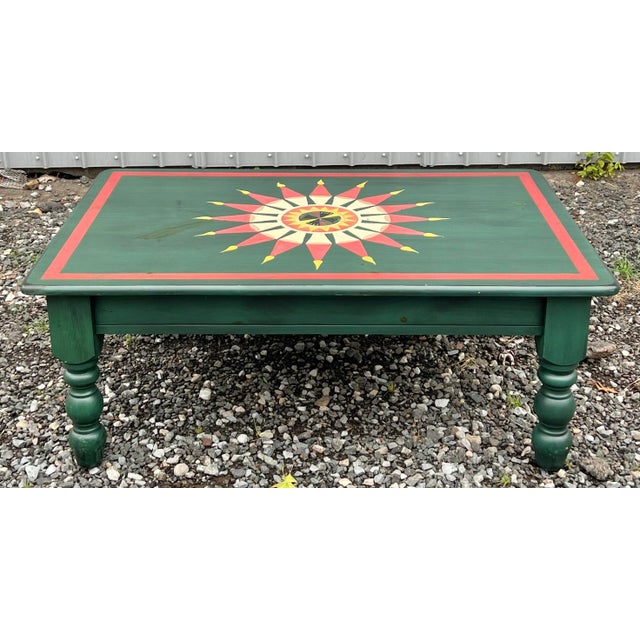 Pine Farmhouse Coffee Table With Folk Art Decoration | Chairish