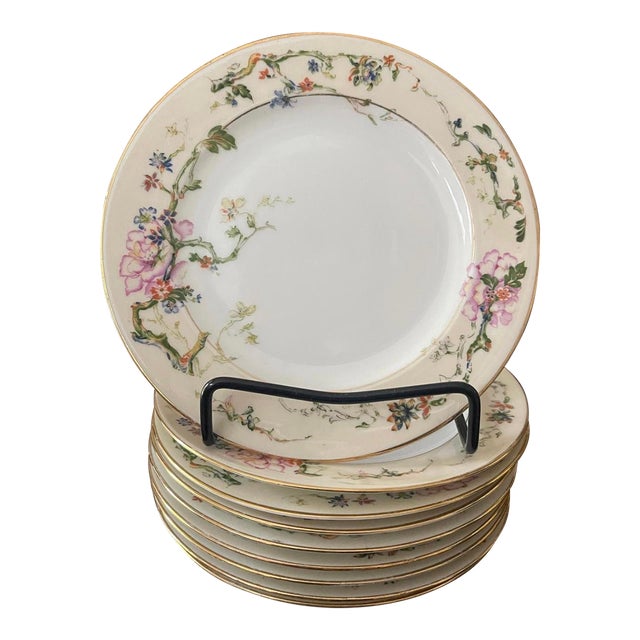 Vintage Mid-Century Modern Czechoslovakian Epiag Floral Yellow and Pink 6.5” Bread Plates Garden Party Chic - Set of Nine (9) For Sale