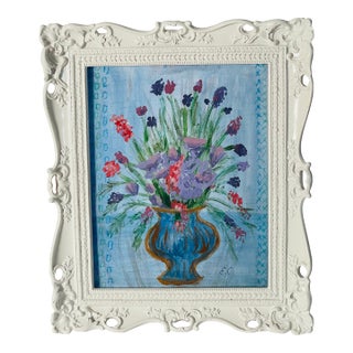 1990s Abstract Flowers in Vase Canvas Board Painting in White Ornate Frame For Sale