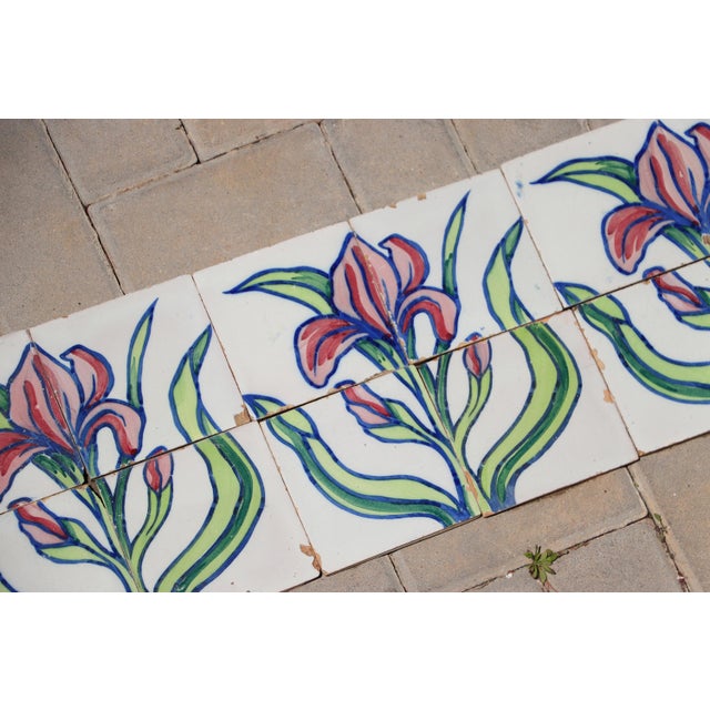 Green 1900s Antique Portuguese Art Nouveau Tile Frieze With Stylized Iris Motif For Sale - Image 8 of 10