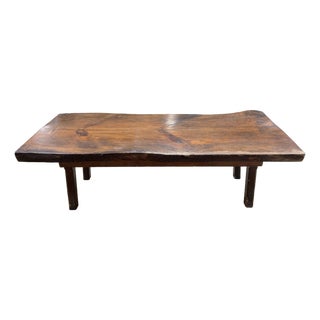 Vintage Rustic Solid Wood Live Edge Slab Coffee Table in Rich Brown For Sale
