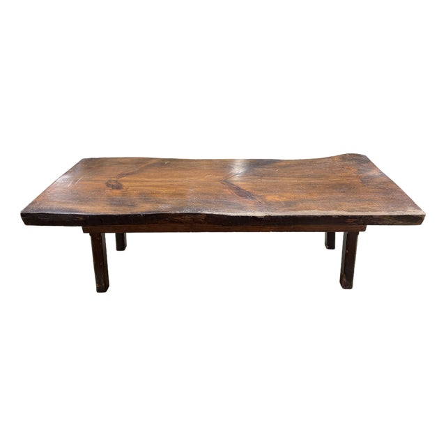 Vintage Rustic Solid Wood Live Edge Slab Coffee Table in Rich Brown For Sale