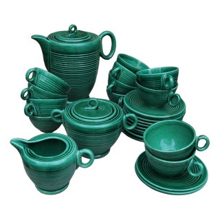 Green Glazed Ceramic Coffee Service by Blanche Letalle, 1950s, Set of 27 For Sale