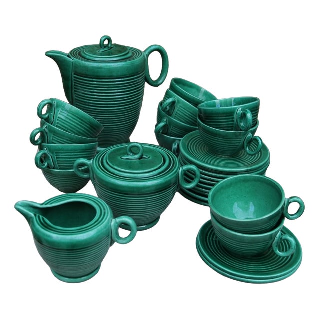 Green Glazed Ceramic Coffee Service by Blanche Letalle, 1950s, Set of 27 For Sale