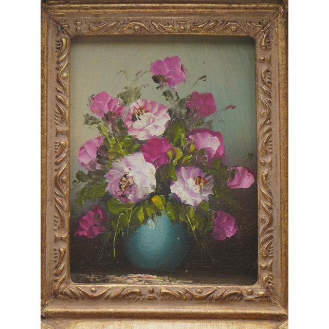 Gold Pair of Floral Still Life Oil on Board Paintings For Sale - Image 8 of 11