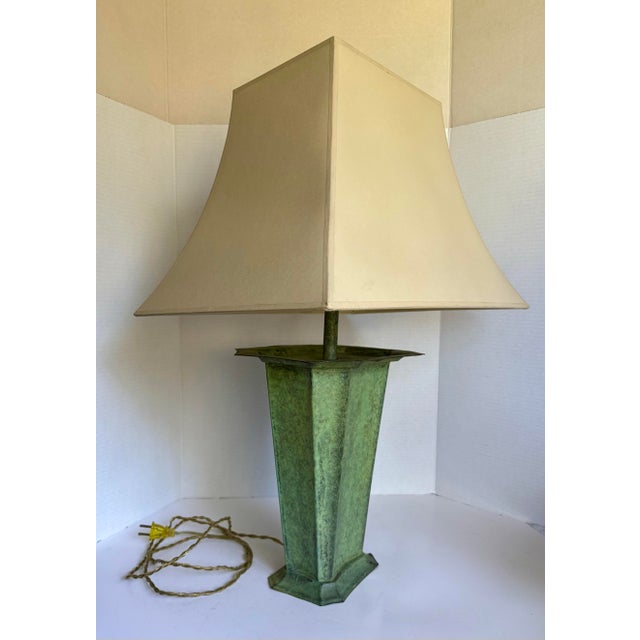 Vintage Verdigris Metal Table Lamp With Faceted Base & Tapered Shade For Sale In Los Angeles - Image 6 of 12