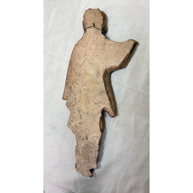 Big Antique Handmade Figural Green Iridescent Glaze Man Pottery Wall Tile Art For Sale - Image 10 of 11