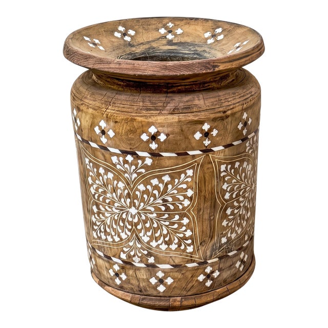 Vintage 1990s Indian Wooden Decorative Pot With Hand Bone Inlay For Sale