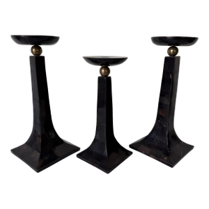 Vintage Maitland Smith–Style Tessellated Horn Veneer and Brass Candle Holders – Set of 3