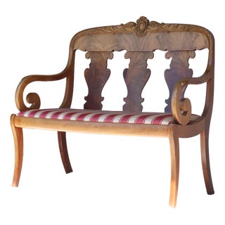 Antique Carved Walnut Settee, Empire / Biedermeier Style, 19th Century For Sale