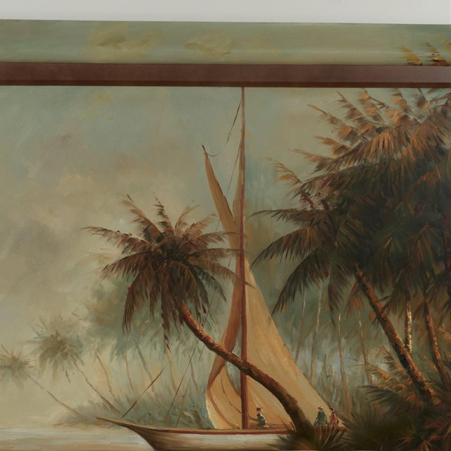 English Large Tropical Painting of a Boat With Palm Trees For Sale - Image 3 of 13