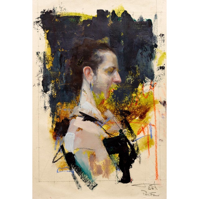 This oil on paper artwork features a striking profile of a figure, rendered with bold brushstrokes that create a dynamic...