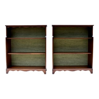 Mahogany Open Bookcases With Grasscloth Interior For Sale