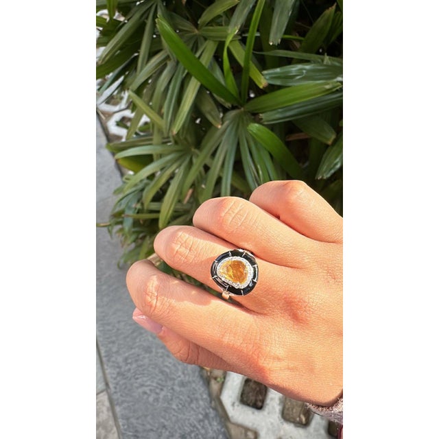 Yellow Set in 18k Gold, Ceylon Yellow Sapphire, Black Enamel & Diamonds Engagement Ring, Us Size 6 For Sale - Image 8 of 12