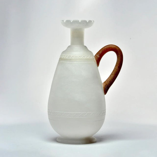 Modern Tall Alabaster Ewer With Contrasting Handle and Fluted Rim For Sale - Image 3 of 10