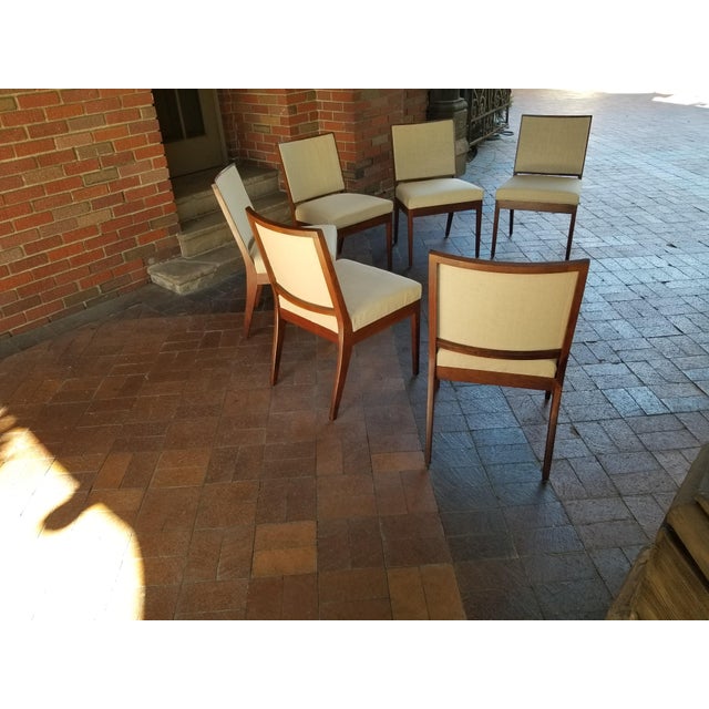 Set of six Chairs in Teak wood with New Linen Upholstery and New Seats The Teak Wood has a natural patina Minimalist and...
