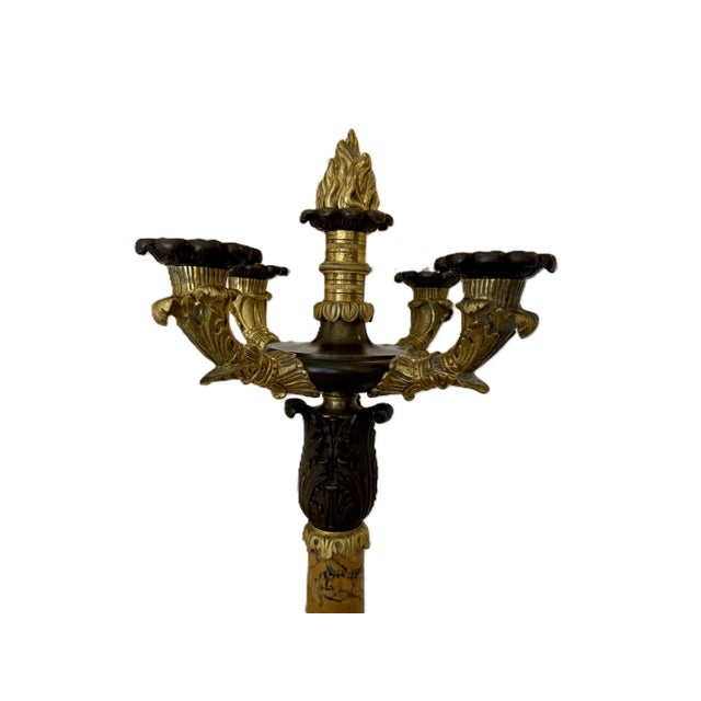 Metal Pair Antique French Empire Patinated Bronze and Gold Bronze With Sienna Marble Candelabra, Circa 1840 For Sale - Image 7 of 10
