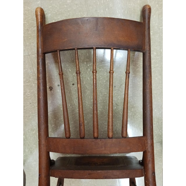Antique American Pressed Back Oak Dining Chair With Embossed Leather Seat For Sale - Image 11 of 14