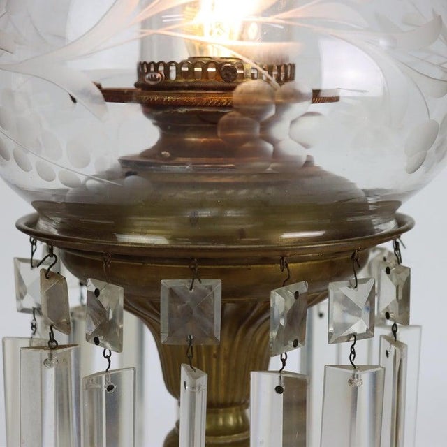 1900 - 1909 1900s Oversized Antique Brass, Crystal & Marble Electrified Astral Lamp Etched Shade For Sale - Image 5 of 9