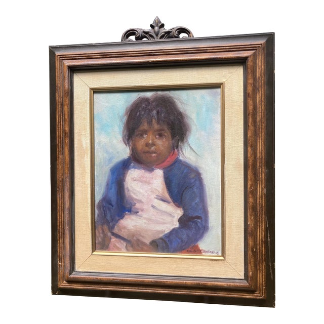 Late 20th Century Oil on Canvas Portrait Painting of a Beautiful Navajo Child, Framed For Sale