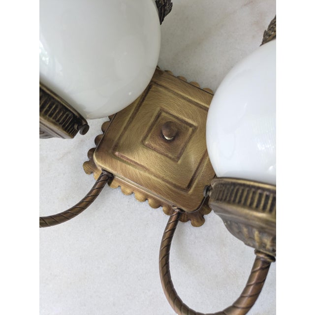 Vintage Milk Glass Globe Two Light Aged Brass Sconce For Sale In Chicago - Image 6 of 9