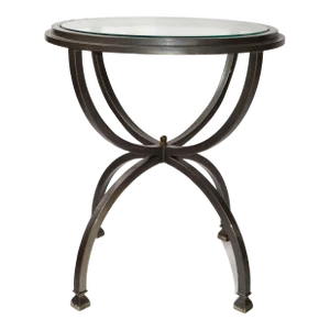 1970 French Style Bend Steel Round Glass Top End Side Drink Table Brass Finial