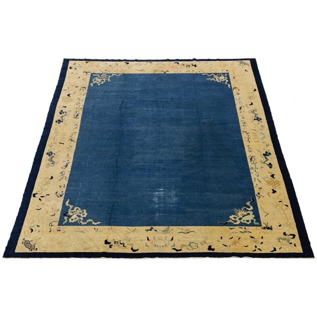 Textile Antique Art Deco Handmade Blue Designed Chinese Wool Rug For Sale - Image 7 of 12