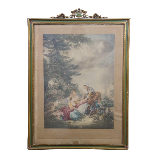 Antique François Boucher Pastoral Fortune Teller Scene Lithograph Print 31" For Sale