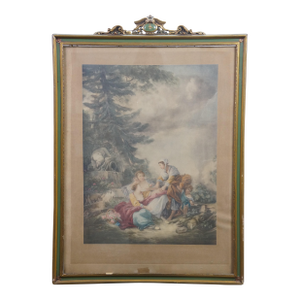 Antique François Boucher Pastoral Fortune Teller Scene Lithograph Print 31"